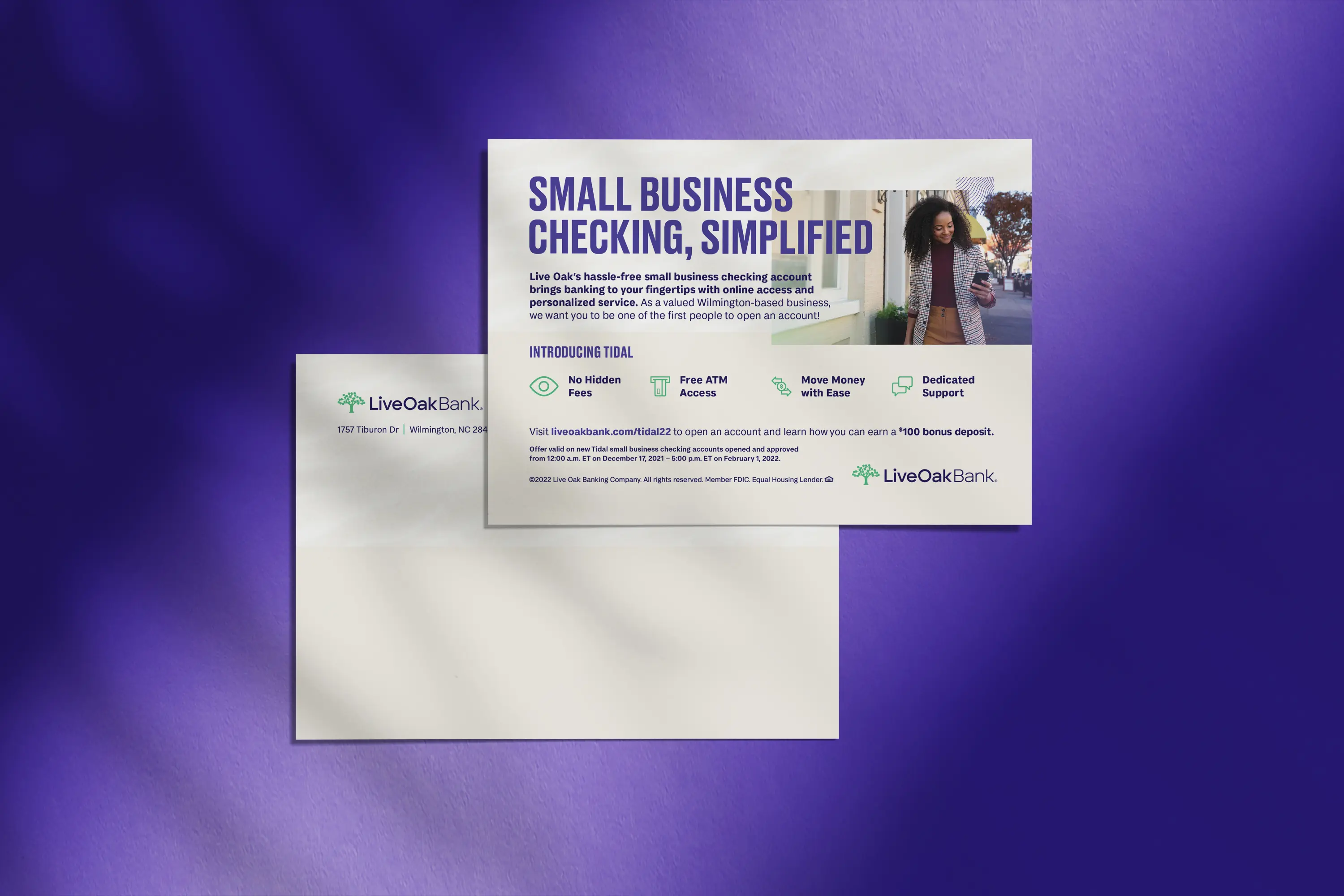 live-oak-bank-tidal-small-business-checking-campaign-collateral-incentive-postcard-direct-mailer