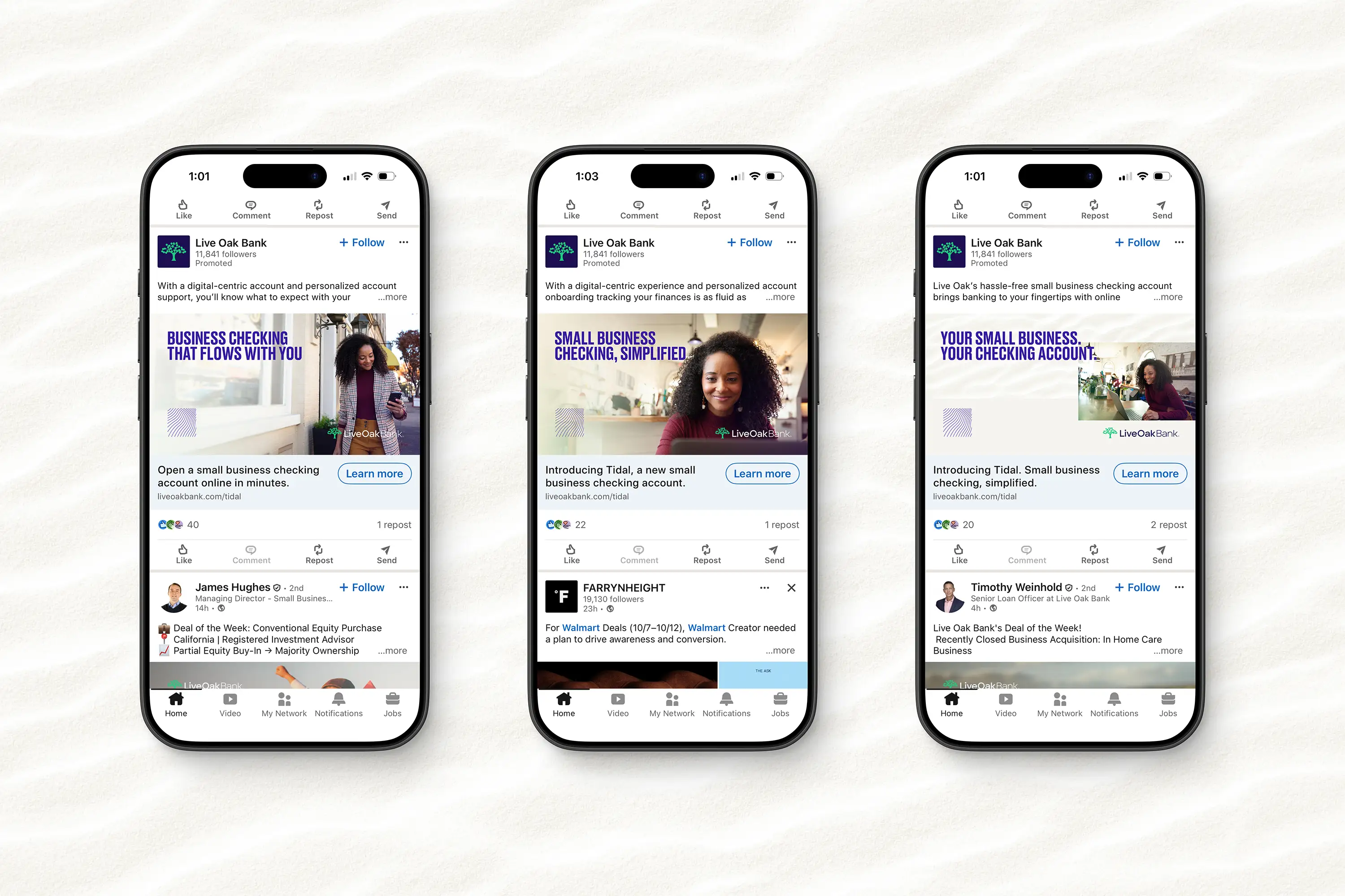 live-oak-bank-tidal-small-business-checking-campaign-linkedin-promoted-social-posts